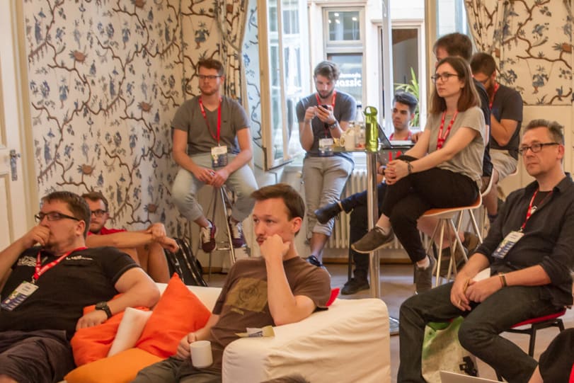 Attendees looking at the stream at Freiburg 2018.