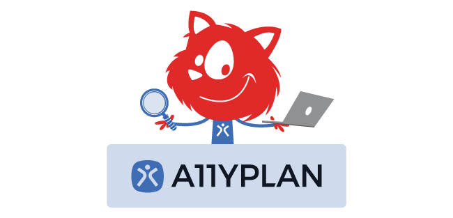 Topple the cat holding the A11YPlan logo