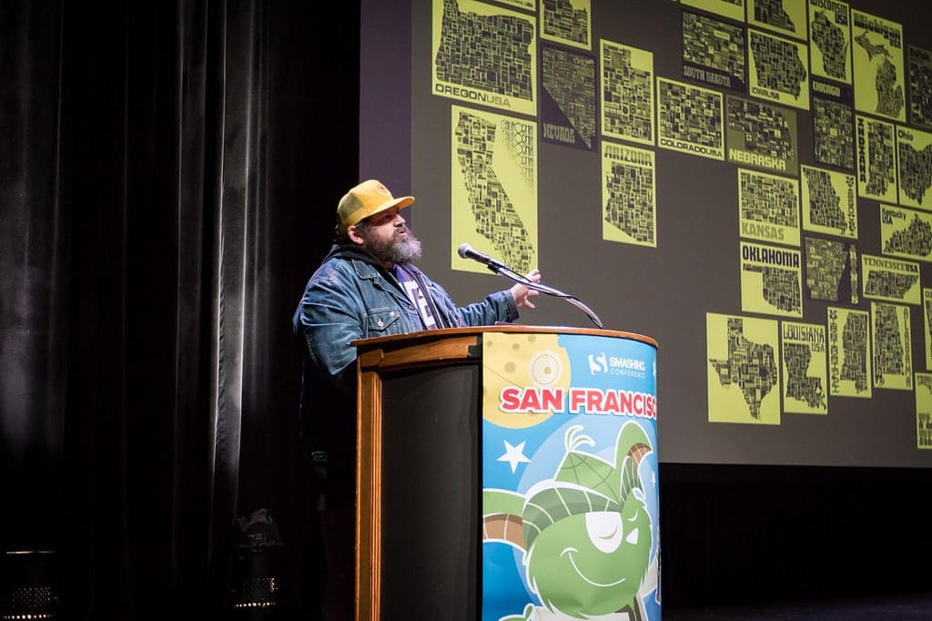 Aaron Draplin at SmashingConf SF 2018.