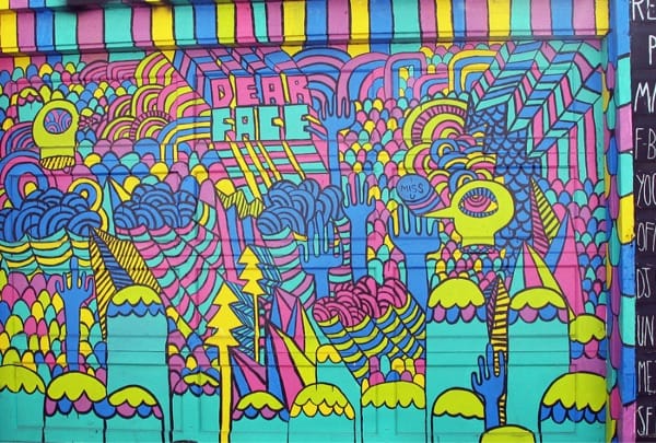 One of the colorful artworks at Clarion Alley Street