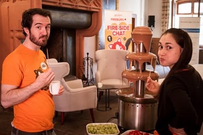 SmashingConf attendees with the chocolate fountain